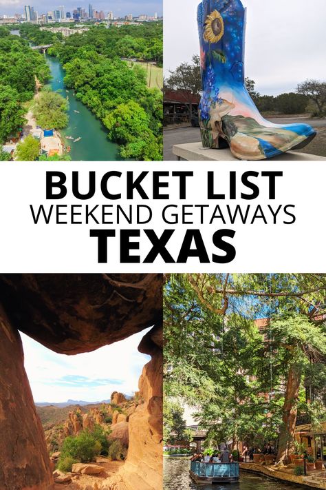 Bucket list weekend getaways in Texas, including Austin, Wimberley, Big Bend National Park, and San Antonio. Day Trips In Texas, Texas Bucket List Places To Visit, Weekend Trips In Texas, Fun Weekend Getaways, Texas Weekend Trips, Texas Vibes, Texas Travel Weekend Getaways, Texas Weekend Getaways, Texas Getaways