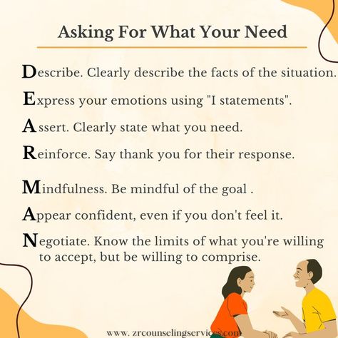 The DEAR MAN method is a DBT technique for effectively communicating your needs to others. The technique allows you to express your wants and needs in a way that is respectful to yourself and to others. Have you tried this technique before? Dear Man Dbt, Dear Man, Dbt Therapy, Interpersonal Effectiveness, Psychology Notes, Healthy Coping Skills, Dbt Skills, Holistic Health Remedies, Dialectical Behavior Therapy