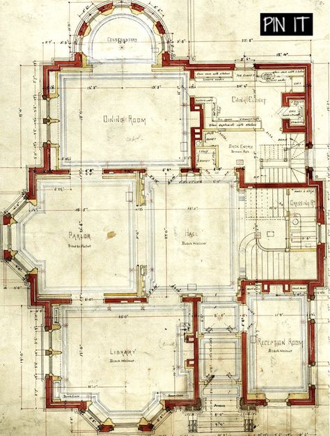 Floor Plan With Library, British Floor Plans, Neoclassical House Plans, Old House Plans, Classic House Plans, Dark Wood Trim, Vintage Floor Plans, Victorian House Plans, Modern Floor Plans