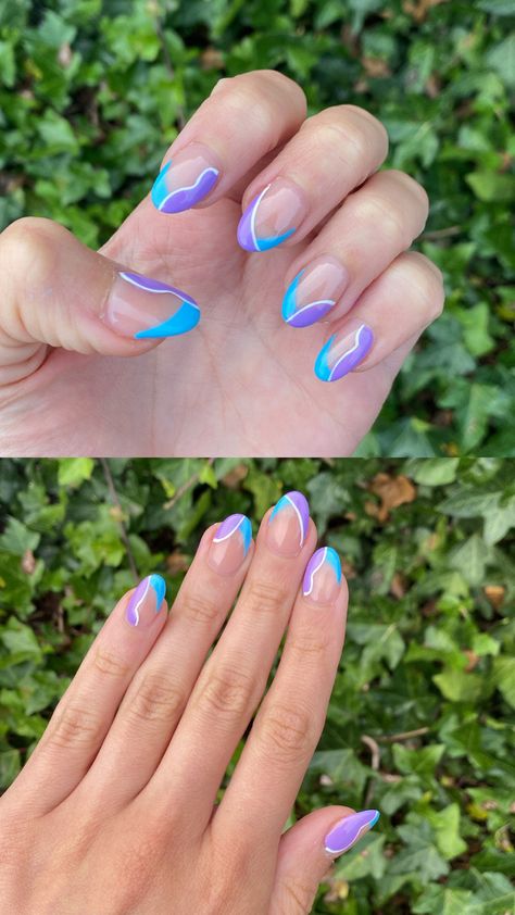 Beautiful gel extensions with blue and purple polish. Cute Blue And Purple Nails, Purple Teal Nails Designs, Teal And Purple Nail Ideas, Purple And Teal Nails Designs, Purple And Blue Nails Designs, Pink Purple Blue Nails, Blue And Purple Nails Designs, Purple And Turquoise Nails, Purple And Teal Nails