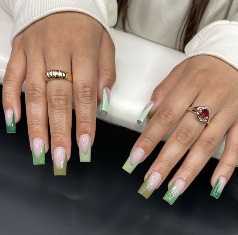 Green And Brown French Tip Nails, Green French Tip Toes, 19th Birthday Nails, Nails Acrylic Green, Green French Tip Nails, Green French Tip, Neutral Nails Acrylic, White Nails With Gold, Mint Green Nails