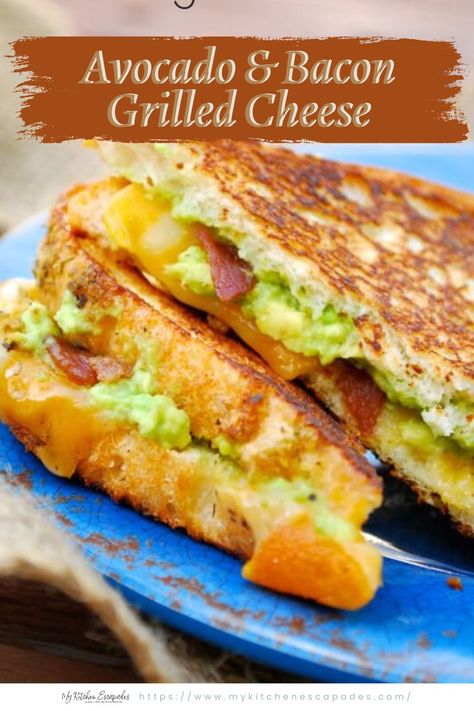 Avocado & Bacon Grilled Cheese sandwich in a blue plate Mom Meals, Pizza Delivery Man, Bacon Grilled Cheese, Kids In The Kitchen, Hot Cheese, Sandwich Ideas, Avocado Sandwich, Bacon Avocado, Sandwich Board