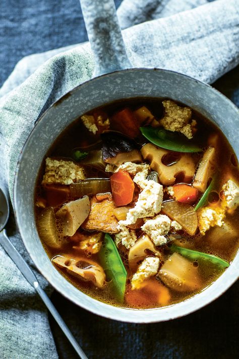 Like all Shojin Ryori dishes, this soup is vegan. It is a really hearty, comforting dish for a wintry day, but it won’t weigh on your stomach for hours. Japanese Soup Recipes, Shojin Ryori, Vegetarian Japanese, Deep Fried Tofu, Tonkotsu Ramen, Japanese Soup, Buckwheat Noodles, Japanese Kitchen, Vegetable Stew