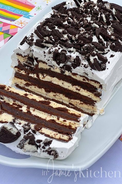 Ice Cream Sandwich Cake - In Jamie's Kitchen Ice Cream Bar Cake Recipe, Ice Cream Cake Ice Cream Sandwiches, No Bake Ice Cream Sandwich Cake, Ice Cream Sandwiches Cake, I E Cream Sandwich Ice Cream Cake, Oreo Ice Cream Sandwich Cake, Ice Cream Cake With Ice Cream Sandwiches, I’ve Cream Cake, Cookies And Cream Ice Cream Cake