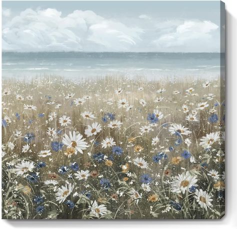 Amazon.com: Canvas Wall Art Beach Floral Wall Picture Coastal Boho Farmhouse Daisy Flowers Nautical Sea Ocean Wildflowers Canvas Print Vintage Artwork for Small Rustic Bathroom Bedroom Living Room Office Décor: Posters & Prints Blue Bathrooms, Calm Ocean, Seascape Artwork, Bathroom Artwork, Coastal Boho, Small Artwork, Farmhouse Boho, Gray Tones, Boho Farmhouse