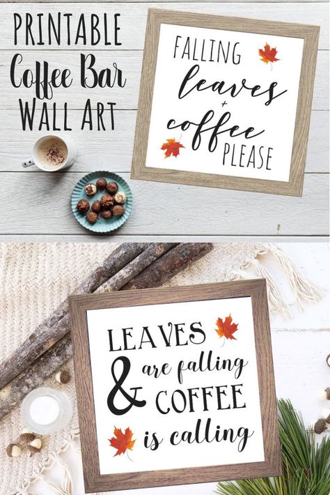 FALL coffee bar signs. Printable coffee bar signs. Falling leaves + coffee please. Leaves are falling & coffee is calling. Watercolor leaves painted by ME. :) ETSY The Happy Heartist Coffee Bar Signs Printable, Coffee Bar Farmhouse, Fall Coffee Bar, Bar Farmhouse, Coffee Bars In Kitchen, Home Coffee Bar, Coffee Bar Home, Coffee Bar Signs, Cocoa Bar