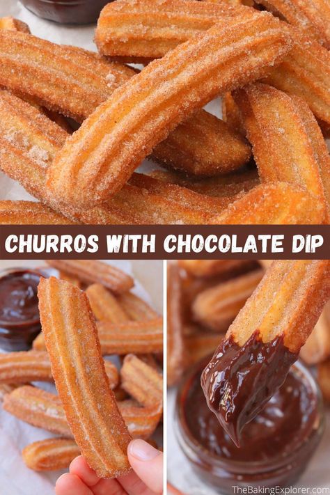 Recipe for churros - a Mexican and Spanish fried dessert similar to a donut. Coated in cinnamon sugar and served with a chocolate dip! #thebakingexplorer #churros #deepfried #mexicandessert #spanishdessert Recipe For Churros, Churros Cheesecake, Cheesecake Donut, Deep Fried Donuts, Ideas With Friends, Chocolate Dip, Fried Dessert, Churros Recipe, Fried Donuts