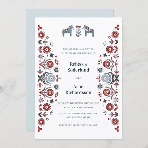 Nordic Folk Art Dala Horse Scandinavian Wedding Invitation Nordic Christmas Decorations, Nordic Folk Art, Heart Animals, Scandinavian Wedding, Norwegian Rosemaling, Christmas Shoot, Wedding Invitations Zazzle, Themed Wedding Invitations, Dala Horse