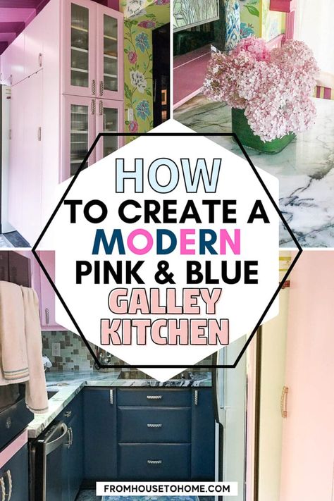 Looking for a fun and gorgeous color combination to update your kitchen? Choose pink and blue! Learn how to remodel a small galley kitchen in pink and blue. Pink Kitchen Blue Cabinets, Navy Blue And Pink Kitchen, Pink Blue Kitchen, Pink And Navy Kitchen, Blue And Pink Kitchen, Pink And Blue Kitchen, Small Galley Kitchen Remodel, Pink Kitchen Walls, Cheerful Kitchen