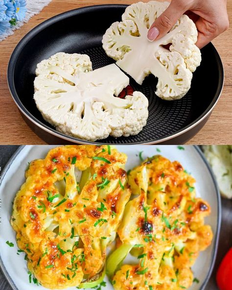 Spicy Vegan Cauliflower Steaks - Greenku Recipes Vegetable Bake Recipes, Quick Delicious Dinner, Roasted Cauliflower Steaks, Spicy Cauliflower, Scampi Recipe, Cauliflower Steaks, Vegan Cauliflower, Baked Vegetables, Mediterranean Diet Recipes