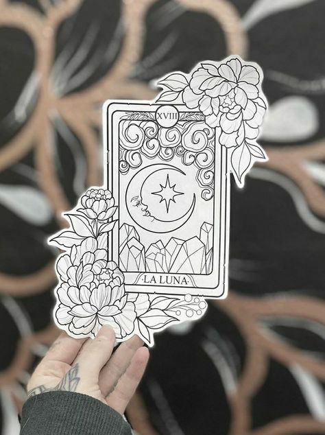 Tarot Card Tattoo The Moon, The Moon Tattoo Tarot, Moon Card Tattoo, The Moon Tarot Card Tattoo, Moon Tarot Card Tattoo, La Luna Tattoo, Tarot Card Tattoo Design, Black Cherry Tattoo, Cherry Tattoo