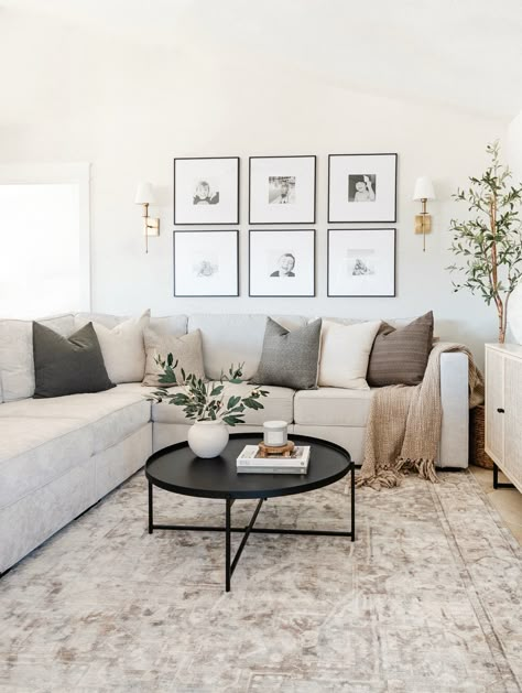 Sectional With Circle Coffee Table, Gray Brown Couch Living Room, Scandinavian Transitional Living Room, Living Room Couch Against Wall, Small Loft Living Room Ideas, Modern Organic Apartment, Scandinavian Family Room, Living Room With Grey Couch, Light And Airy Living Room