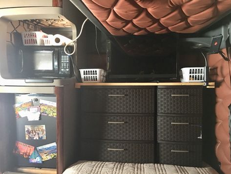 Extra storage space in the semi. Storage Ideas For Semi Trucks, Decorating Inside Semi Truck, Semi Truck Top Bunk Storage, Semi Truck Sleepers Interiors, Semi Truck Sleeper Ideas, Semi Truck Interior Ideas, Semi Truck Organization, Semi Truck Storage, Semi Truck Storage Ideas