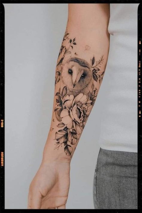 Tree Owl Tattoo, Owl And Dragon Tattoo, Owl Tattoo Calf, Mom Owl Tattoo, Owl Tattoo For Women Forearm, Forearm Owl Tattoo Women, Creative Owl Tattoo, Owl And Rose Tattoo Design, Owl And Eagle Tattoo