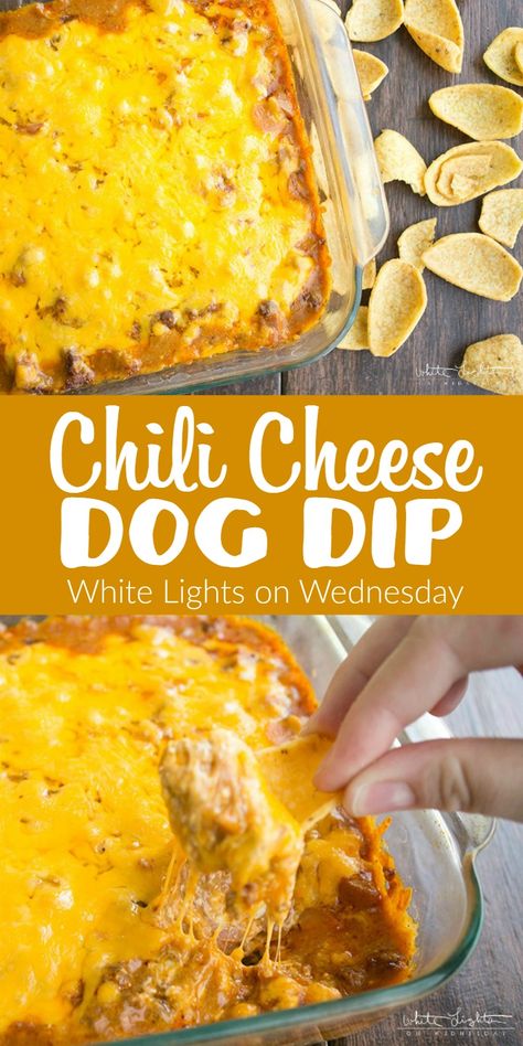 Dog Food Dip Recipes, Chili Dog Appetizer, Hot Dog Dip, Hot Dog Appetizers For Party, Chili Cheese Dog Dip, Wednesday Fall, Cheese Hot Dogs, Chili Cheese Dip, Chili Cheese Dips