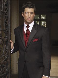 silver gray suit with cranberry tie - Google Search Wedding Tux, A Man In A Suit, Groom Wedding Attire, Man In A Suit, Red Vest, Tuxedo Wedding, Red Suit, Red Tie, Groomsmen Attire