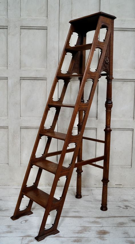 ARTS CRAFTS OAK LIBRARY LADDERS Ladder Art, Library Ladders, Oak Library, Victorian Library, Library Ladder, Library Wall, Interior Work, Antiques For Sale, Movie Props