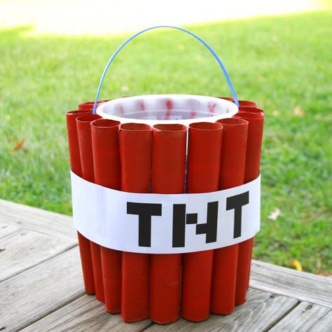 DIY Minecraft Steve Costume with cardboard legs and a TNT candy bucket!  Midwestern Mama Tnt Minecraft Halloween Bucket, Diy Minecraft Halloween Costumes, Minecraft Costumes For Boys, Minecraft Steve Costume, Diy Minecraft Costume, Minecraft Costume Diy, Minecraft Halloween, Minecraft Halloween Costume, Minecraft Birthday Card