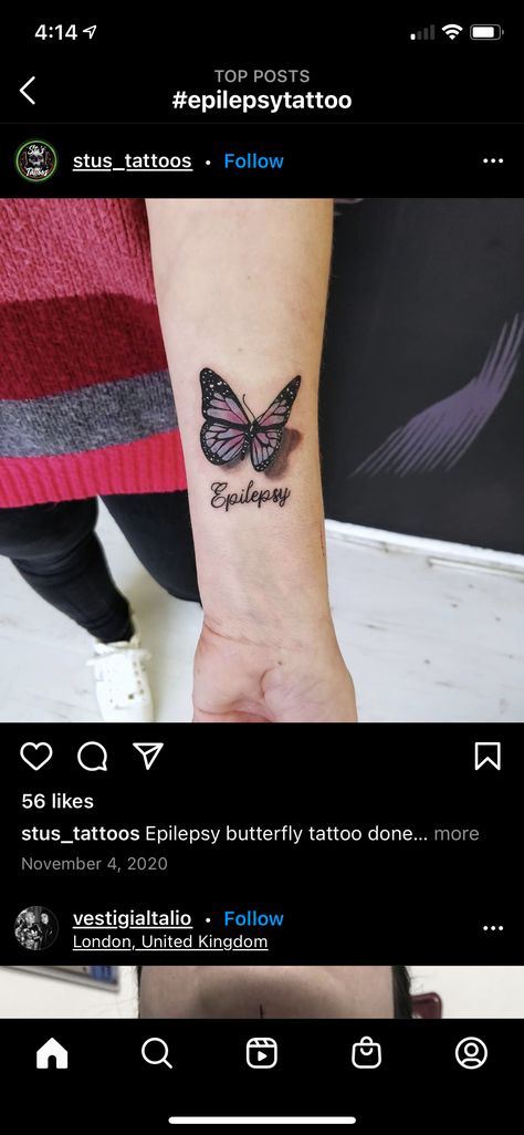 Epileptic Tattoo Ideas, Purple Ribbon Tattoos, Awareness Tattoos, Butterfly Wrist Tattoo, Awareness Tattoo, Ribbon Tattoos, Health Tattoo, Ink Inspiration, Wrist Tattoos For Women