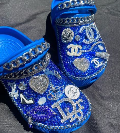 Blue Custom Crocs, Blue Bling Crocs, Costume Crocs, Baddie Crocs, Crocs Business, Crocs Inspiration, Bedazzling Things, Customize Crocs, Wedding Crocs