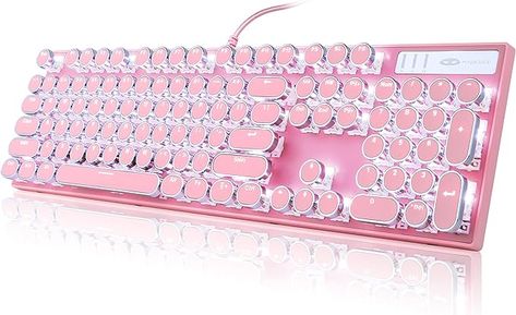 Camiysn Typewriter Style Mechanical Gaming Keyboard, Pink Retro Punk Gaming Keyboard with White Backlit, 104 Keys Blue Switch Wired Cute Keyboard, Round Keycaps for Windows/Mac/PC Keyboard Pink, Cute Keyboard, School Gadget, Injection Moulding Process, Retro Typewriter, Keyboard Keys, Pc Components, Pink Retro, Retro Punk