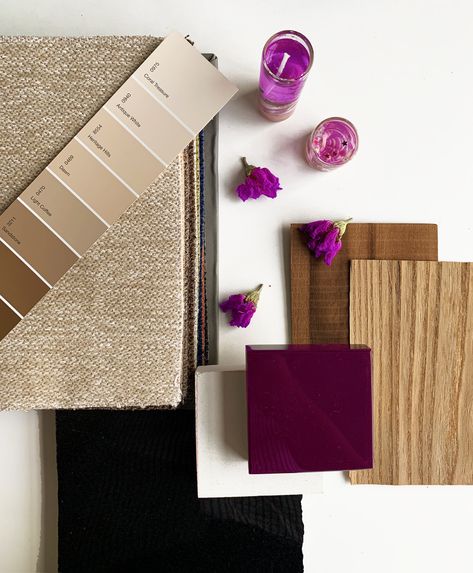 Purple Color Palette Interior Design, Purple Material Board, Mouve Colour Pallet, Purple And Brown Color Palette, Burgundy Mood Board, Mood Board Purple, Country Color Scheme, Purple Moodboard, Purple Interior Design