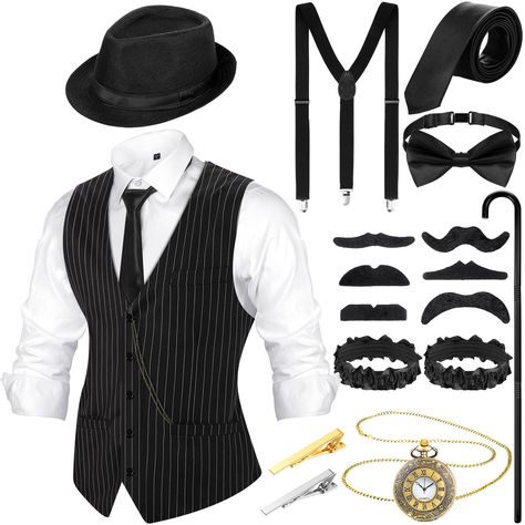 PRICES MAY VARY. Comprehensive 1920s Accessories for Men: there are 1 vest, 1 hat, 1 vintage pocket watch, 1 Y suspender, 1 pre tied bow tie, 2 armbands, 1 men tie, 2 tie clips, 6 false mustaches, 1 cane, various and sufficient accessories to meet your needs for daily or party dress up Classic and Retro Style: the gangster costume accessories for men are designed with classic and retro style, which are full of retro flavor and bring you back to the 1920s, as well as make you look gentle, elegant 1920s Mens Clothing, 1920s Mens Hats, 1920s Mens Costume, 20s Men, 20s Outfit, Gangster Costume, Gatsby Glam, Gangster Costumes, 1920s Accessories