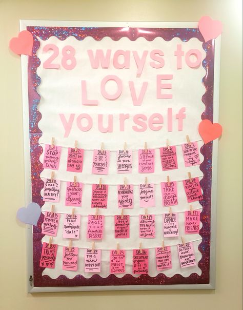 Mental Health Valentines Bulletin Board, Work Valentines Decorations, Self Love Bulletin Board Ideas, Bulletin Board For Teachers Lounge, Valentines Boards Bulletin For Work, Valentine's Day Office Decorations, February Bulletin Board Ideas High School, Valentine’s Day Bulletin Board Ideas Work, Valentines Day Cubicle Decorations