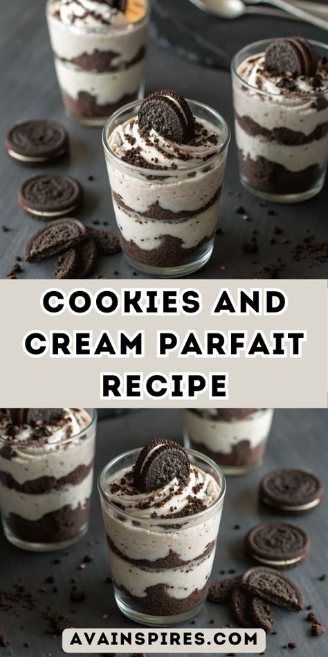 Cookies and Cream Parfait Chocolate Shooters Desserts, Oreo Cheesecake Dessert Cups, Yogurt Parfait Cups To Go, Mini Cheesecake Parfait Desserts, Cookies And Cream Cups, Shot Desserts Mini, Dessert Table Recipes Easy, Cookies And Cream Mousse Recipe, Cinnamon Roll Parfait