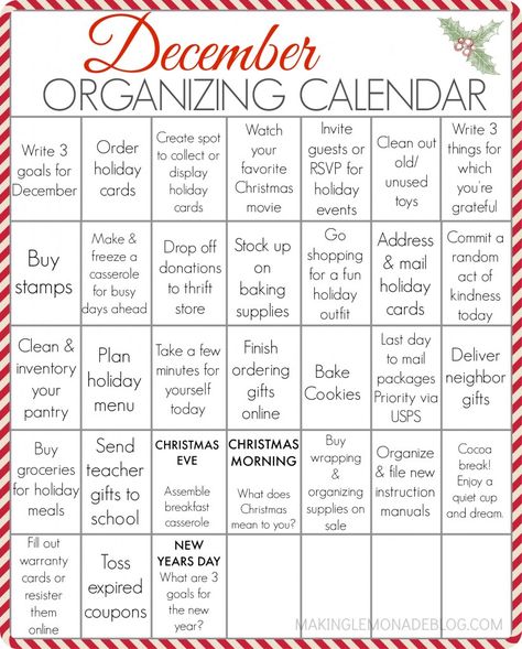 Love this December organizing calendar! This free printable will help me organized my entire holiday to-do list in one spot, with some fun mixed in too! December Christmas Calendar, December List, Organizing Calendar, Holiday To Do List, December Goals, Organization Calendar, Calendar December, Making Lemonade, Christmas To Do List