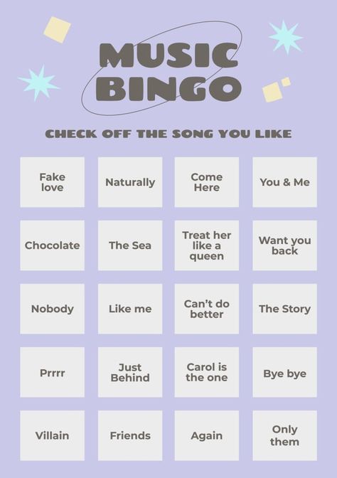 Cool Pastel Music Bingo Card Bridgertons Party, Music Bingo, Bingo Card Template, Nobody Likes Me, Office Music, Bingo Card, Bday Girl, Brand Kit, Bingo Cards