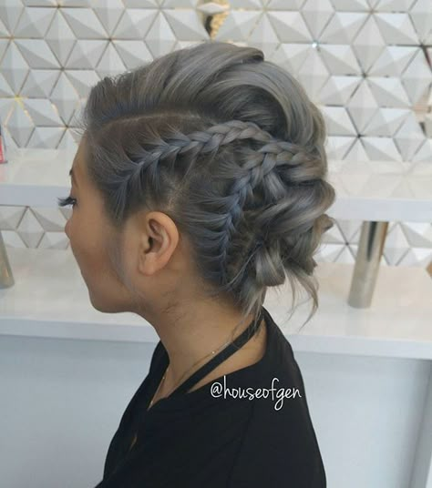 Braided updo Silver Hair Updo, Updo Ideas, Updos For Medium Length Hair, Popular Haircuts, Short Hair Updo, Medium Length Hair, Wedding Updo, Trending Hairstyles, Braided Updo