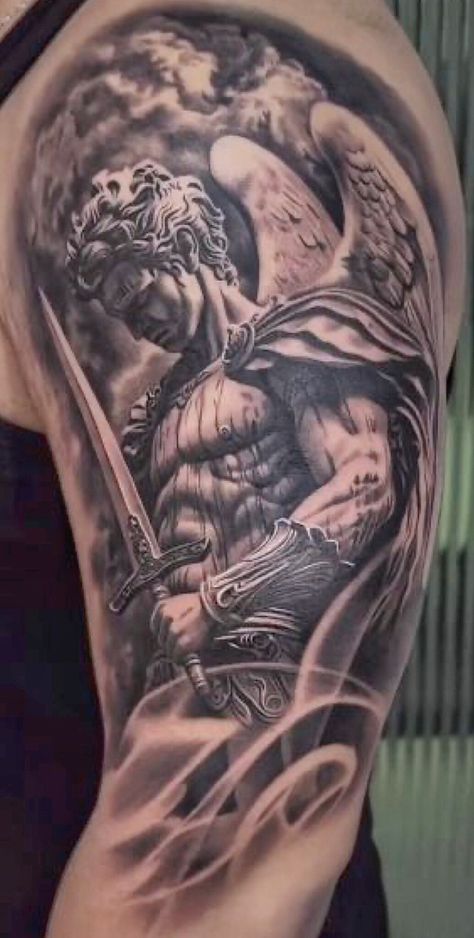 Greek God With Wings Tattoo, St Michael Tattoo Shoulder, Arch Angel Gabriel Tattoos, Upper Trap Tattoo Men, Arhangel Mihail Tattoo, St Micheal Arch Angel Tattoo, Angel Tattoo Shoulder, St Joseph Tattoo, Stone Angel Tattoo