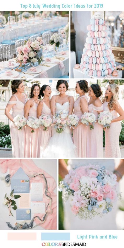 Top 8 July Wedding Color Ideas for 2019 - light pink and blue. #colsbm #weddings #weddingideas #bridesmaiddresses #summerwedding #pinkwedding b1229 July Wedding Colors, Pink And Blue Wedding, Light Pink Bridesmaids, Pastel Wedding Theme, Light Pink Bridesmaid Dresses, Blue And Blush Wedding, Pink Wedding Colors, Wedding Color Ideas, Light Pink Wedding