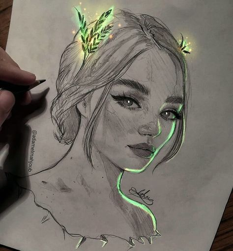 Forest Nymph. Traditional and Digital Art Drawings. Click the image, for more art from Adam Almahjoub. Earth Day Drawing, Mixed Media Drawing, Harry Potter Art Drawings, Forest Nymph, Media Drawing, Forest Drawing, Boho Art Drawings, Pencil Sketch Images, Glowing Art