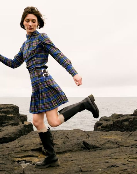 Plaid Mini Kilt in Cobalt | Women's Skirts | SKYE by Brora Annual Campaign, Scottish Women, Cashmere Clothing, Cashmere Outfits, Cashmere Jumper, Linen Skirt, Women's Skirts, Kilt, Fair Isle