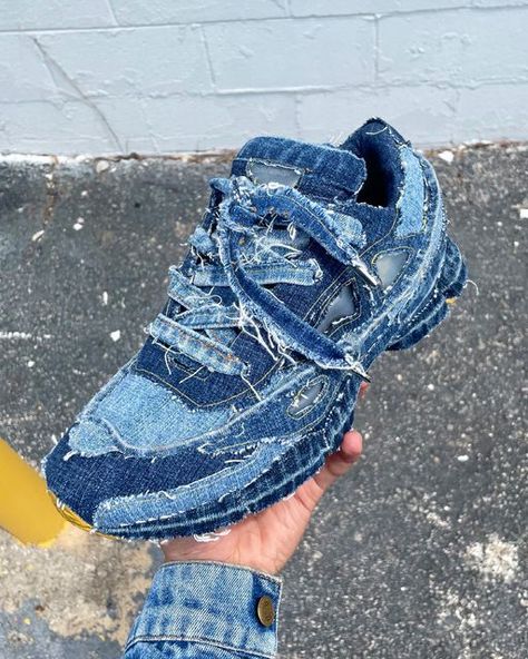 Nigel Xavier on Instagram: "Patchwork Denim Raf Simons Ozweego" Nigel Xavier, Shoes For Guys, Upcycle Shoes, Upcycled Denim Diy, Denim Diy Clothes, Nike Shoes Women Fashion, Unique Jeans, Wedge Wedding Shoes, Diy Sneakers