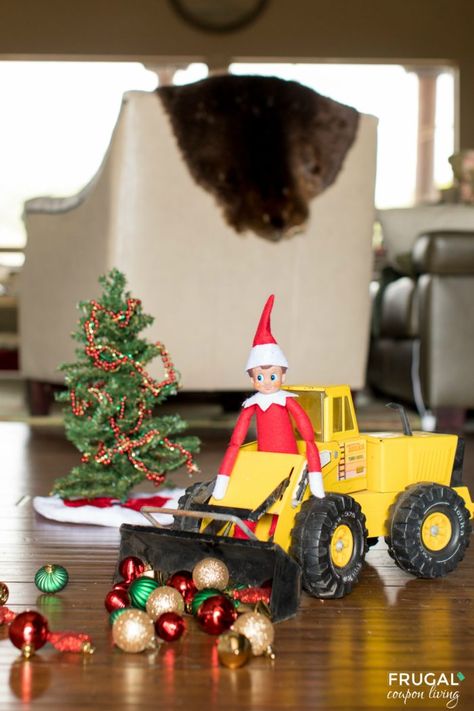 Elf Bulldozing Ornaments | Easy Elf on the Shelf Ideas | Construction Elf #FrugalCouponLiving #ElfontheShelf #ElfontheShelfIdeas #ElfIdeas #funnyelfideas #funnyelfontheshelf #elfprintables #freeelfprintables #printables #freeprintables #construction #bulldozer Elf On The Shelf Construction Ideas, Elf Printables, Easy Elf On The Shelf, Easy Elf, Awesome Elf On The Shelf Ideas, Elf Magic, Elf Activities, Christmas Props, Elf Antics