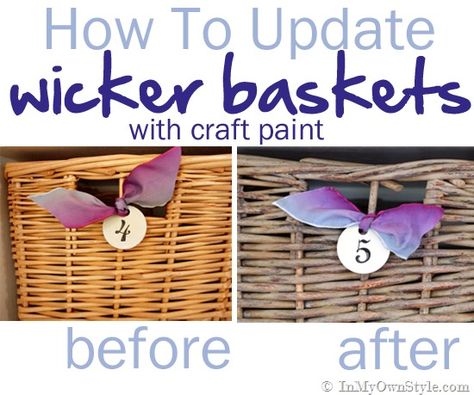 Update baskets to a driftwood finish using this easy paint technique using craft paints. {InMyOwnStyle.com}   #beforeandafter Painting Baskets, Martha Stewart Paint, Wicker Dresser, Wicker Bedroom, Driftwood Finish, Painted Wicker, Square Baskets, Number Tags, Wicker Decor