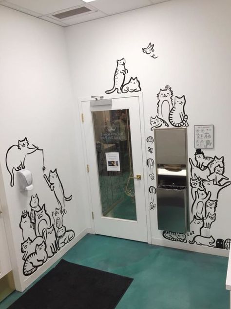 Vet Decoration Ideas, Animal Shelter Wall Murals, Dog Daycare Design, Cat Mural, A Bunch Of Cats, Bunch Of Cats, Cafe Chalkboard, Pet Cafe, Daycare Design