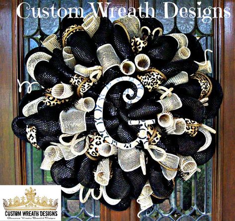 Monogram wreath, wreath, deco mesh wreath, leopard, leopard decor, everyday wreath. This is a gold wreath with black mesh and trimmed with leopard print ribbon and gold flex tubing and cream mesh ribbon. This one was made for an request. This measures around 28 and very durable and Leopard Wreath, Leopard Decor, Farmhouse Fall Wreath, Mesh Wreath Diy, Material Wreaths, Deco Mesh Ribbon, Gold Wreath, Year Round Wreath, Monogram Wreath