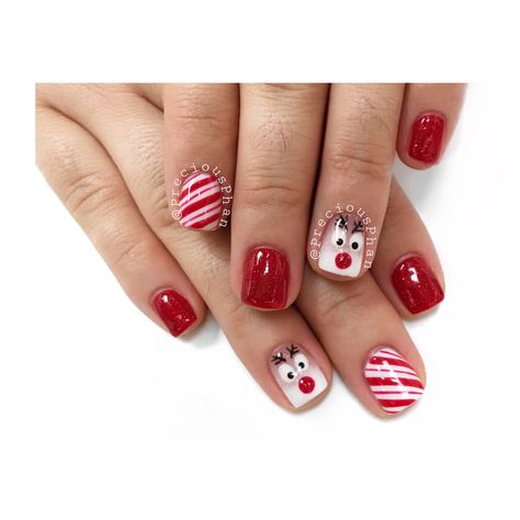 Christmas Nails Short Reindeer, Red Nails With Reindeer, Christmas Nails Reindeer Red Nose, Christmas Nails Rudolph Red Nose, Ombré Christmas Nails, Reindeer Nails Designs, Kids Christmas Nails, Christmas Reindeer Nails, Reindeer Nails