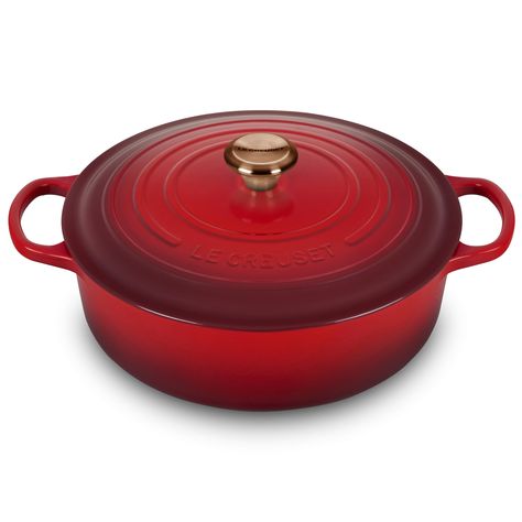 PRICES MAY VARY. Le Creuset Signature Round Wide Dutch Oven has a wide cooking surface that provides ample room for browning food on stovetop before simmering or braising; Enameled cast iron delivers superior heat distribution and retention; durable enamel resists dulling, staining, chipping and cracking; Ready to use, no seasoning required; Great for ribs, seafood, stews, soups, one pot meals and casseroles; Ideal for 6-7 servings Advanced sand-colored interior is durable, makes it easy to moni Red Le Creuset, Le Creuset Dutch Oven, Dish Warmer, Enameled Cast Iron, Batch Cooking, Professional Chef, Pot Meals, Colored Interior, Le Creuset