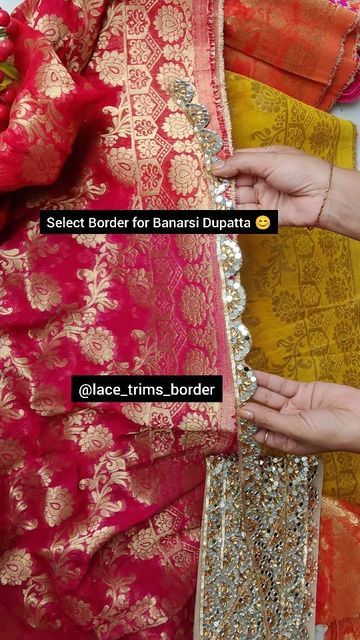 IndianZariHouse on Instagram: "1st mirror lace sold out How to select Border for Banarsi Dupatta? @lace_trims_border Selling roll only No cod/Return Available till stock only" Laces For Lehenga Border, Laces For Blouse Border, Laces For Sarees Border, Lace For Dupatta, Banarsi Lehenga, Banarsi Dupatta, Neha Singh, Mirror Lace, Dupatta Lace