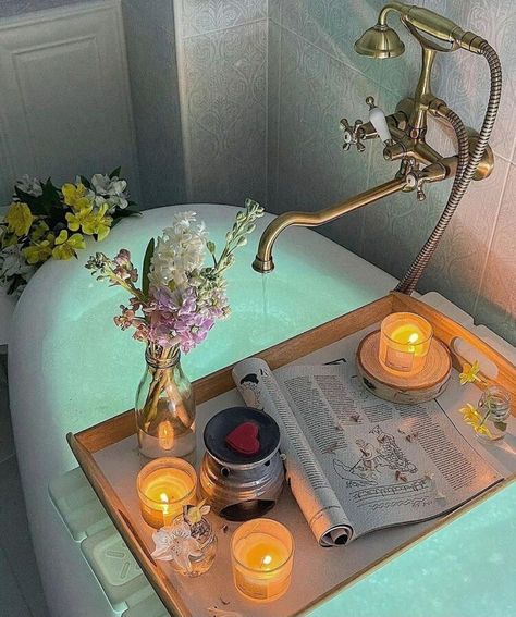 Tray Aesthetic, Table Aesthetic, Spa Days, Bath Table, Goal Board, Bath Tray, Whimsical Home, Relaxing Places, Aesthetic Lifestyle