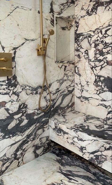 Marble Shower Walls With Accent, Marble Trends 2023, Romantic Shower Bathroom, Calcutta Bathroom, Granite Shower Walls, Calacatta Bathroom, Drømme Bad, Gold Fixtures, Bathroom Renos