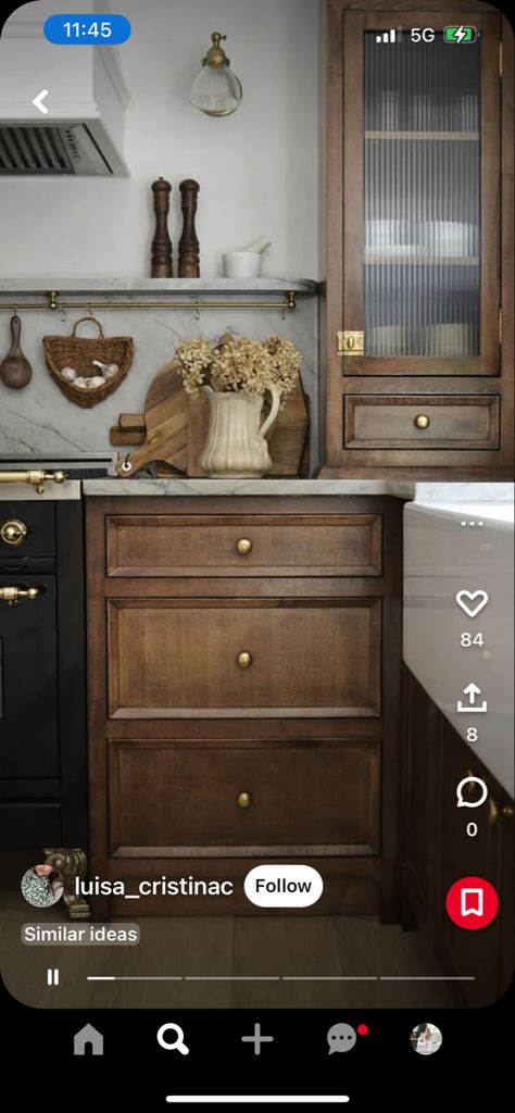 Brown Cabinets Gold Hardware, Cabinet Gold Hardware, Brown China Cabinet, Cabinets Gold Hardware, Gold Kitchen Hardware, Brown Cabinets, Brown Kitchens, Kitchen Reno, New Builds