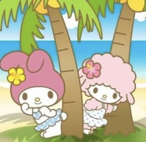 Sanrio Tropical, My Melody Summer, Summer Sanrio, Sanrio Summer, Aloha Cake, Summer Pfp, Eye Bleach, Animated Pics, My Sweet Piano