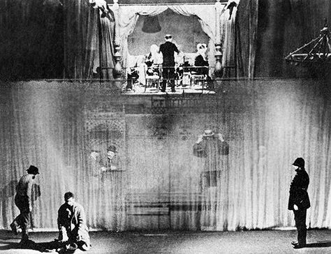 The Brecht-Gardine (small curtain), from an edition of The Threepenny Opera by Brecht, Cologne (1929-1930). Photographic reproduction by an unknown author. Cologne, Institut für Theaterwissen-schaft der Universität. V. Morpurgo, ibidem. To notice as the half-transparency of the Brecht curtain allows to glimpse the action that develops behind it, and also as the orchestra play the music by Kurt Weil in an position superincumbent the stage, beyond the curtain, but in full view above the same. The Threepenny Opera, Theatre History, Small Curtains, Radio Play, Interesting Images, Rocky Horror, Scenic Design, Stage Design, Staging