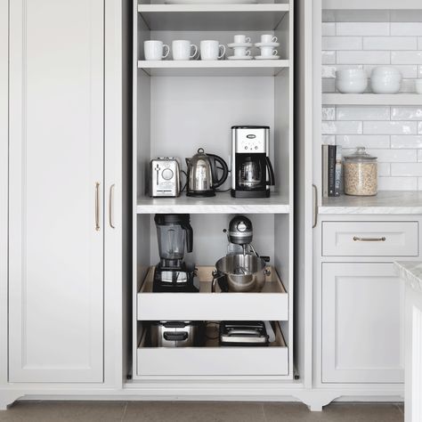 Kitchen Appliance Cabinet Ideas, Pantry With Appliance Garage, Pocket Door Appliance Garage, Kitchen Appliance Pantry, Appliance Garage In Kitchen, Ikea Kitchen Appliance Garage, Kitchen Appliance Storage Cabinet, Large Appliance Garage, Kitchen Cabinet For Appliances